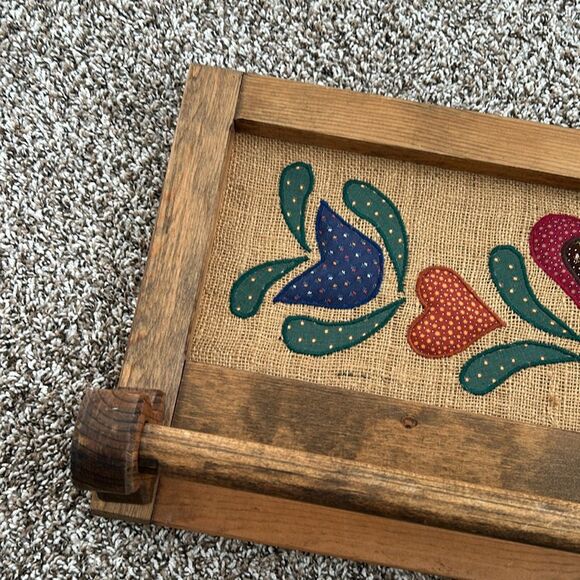 Vintage Wooden Burlap Embroidered Towel Rack with Folk Art Design Wall Decor - Picture 8 of 16